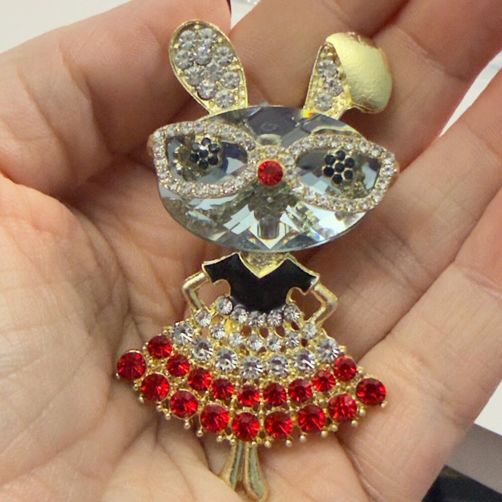 Rabbit Brooch Rhinestone Bunny Dancer Statement Pin Red Crystal Skirt 2.75”